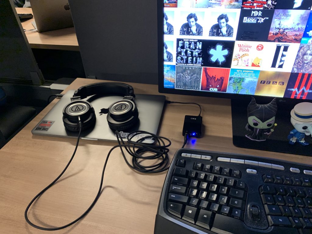 My work desk with DAC/Amp and headphones.